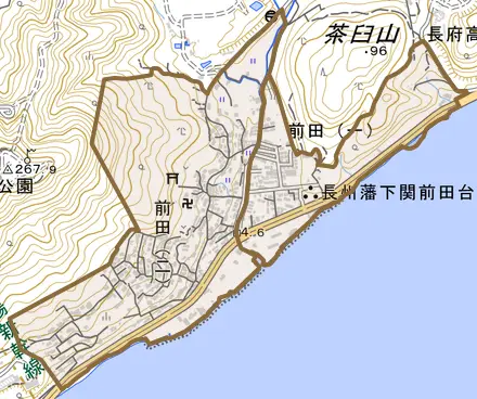 前田とその周辺の地図。町の範囲を重ねている