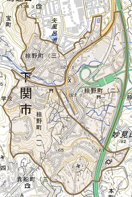 椋野町とその周辺の地図。町の範囲を重ねている
