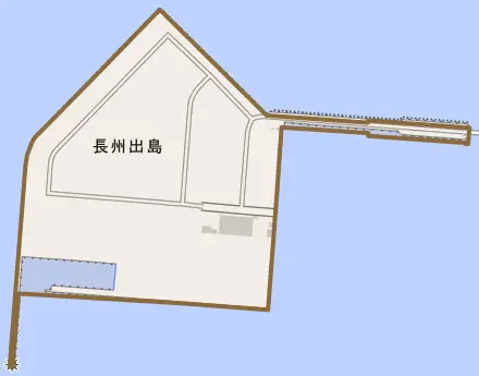 長州出島とその周辺の地図。町の範囲を重ねている