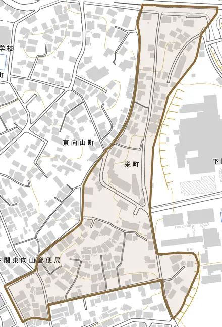 栄町とその周辺の地図。町の範囲を重ねている