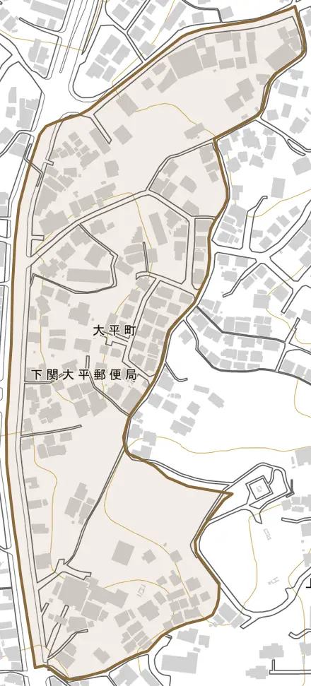 大平町とその周辺の地図。町の範囲を重ねている