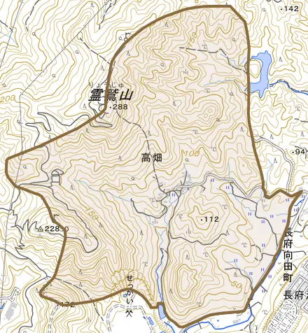 大字高畑とその周辺の地図。町の範囲を重ねている