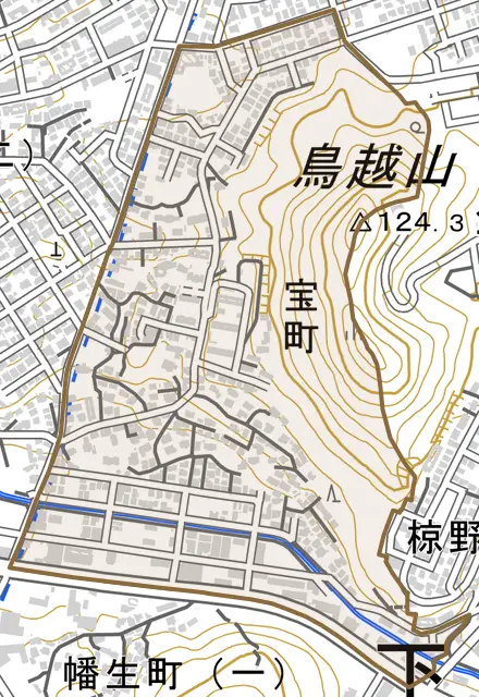 宝町とその周辺の地図。町の範囲を重ねている