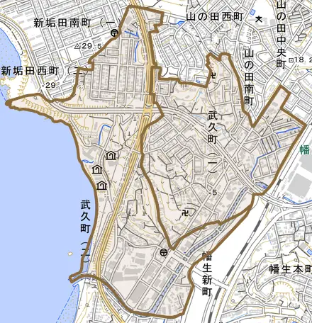 武久町とその周辺の地図。町の範囲を重ねている