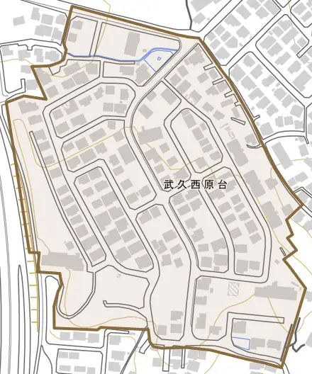 武久西原台とその周辺の地図。町の範囲を重ねている