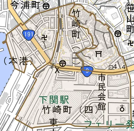 竹崎町とその周辺の地図。町の範囲を重ねている