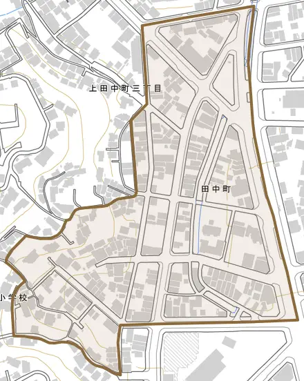 田中町とその周辺の地図。町の範囲を重ねている