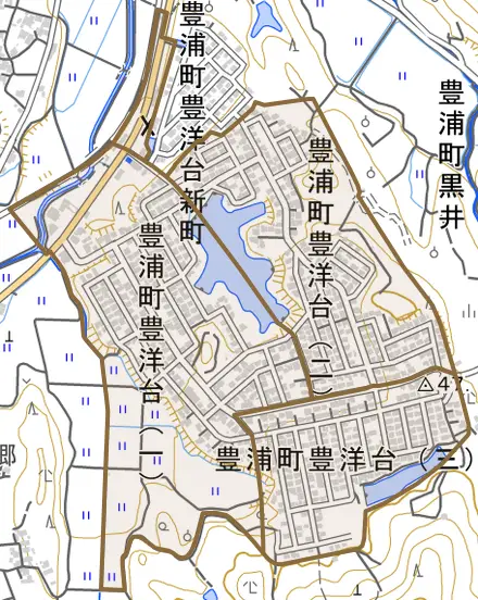 豊浦町豊洋台とその周辺の地図。町の範囲を重ねている
