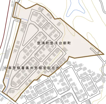 豊浦町豊洋台新町とその周辺の地図。町の範囲を重ねている