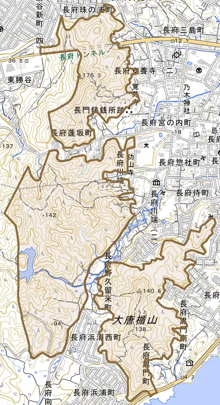 大字豊浦村とその周辺の地図。町の範囲を重ねている