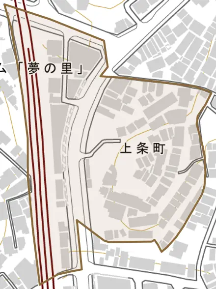 上条町とその周辺の地図。町の範囲を重ねている