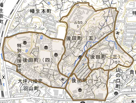 後田町とその周辺の地図。町の範囲を重ねている
