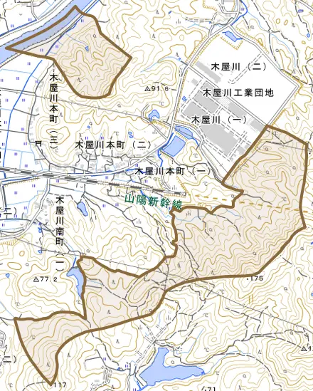 大字宇津井とその周辺の地図。町の範囲を重ねている