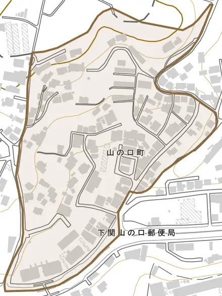 山の口町とその周辺の地図。町の範囲を重ねている