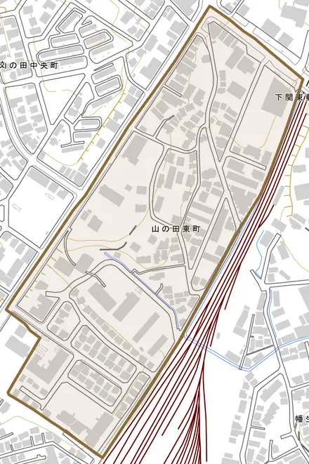 山の田東町とその周辺の地図。町の範囲を重ねている