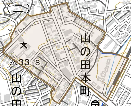 山の田本町とその周辺の地図。町の範囲を重ねている