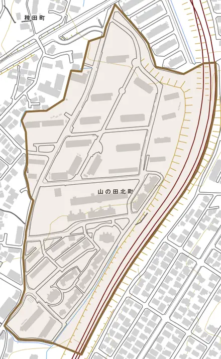 山の田北町とその周辺の地図。町の範囲を重ねている