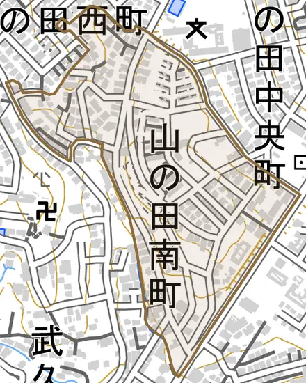 山の田南町とその周辺の地図。町の範囲を重ねている