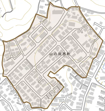 山の田西町とその周辺の地図。町の範囲を重ねている