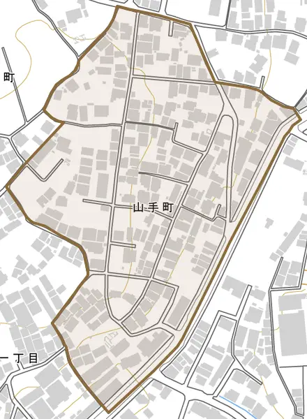山手町とその周辺の地図。町の範囲を重ねている