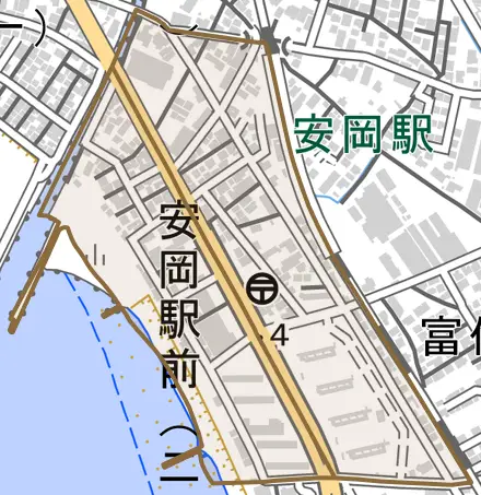 安岡駅前とその周辺の地図。町の範囲を重ねている