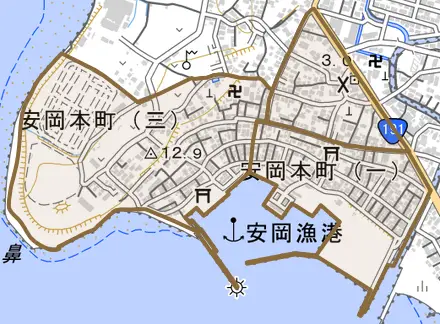 安岡本町とその周辺の地図。町の範囲を重ねている