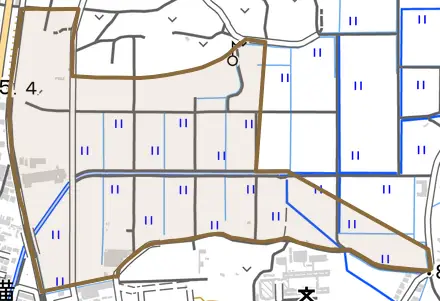 大字横野とその周辺の地図。町の範囲を重ねている