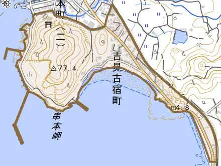 吉見古宿町とその周辺の地図。町の範囲を重ねている