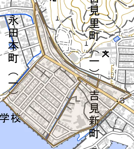 吉見新町とその周辺の地図。町の範囲を重ねている