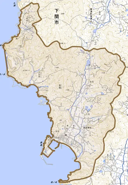 大字吉母とその周辺の地図。町の範囲を重ねている