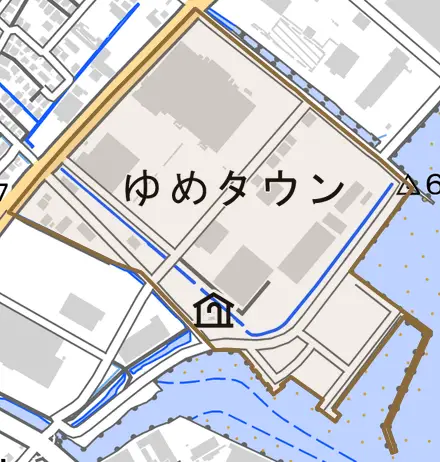 ゆめタウンとその周辺の地図。町の範囲を重ねている