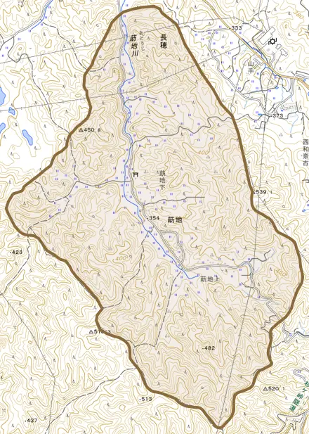 大字莇地とその周辺の地図。町の範囲を重ねている