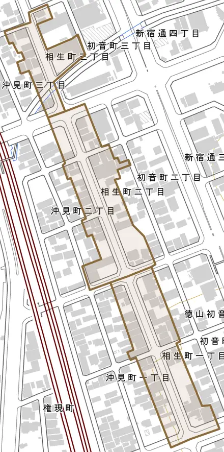相生町とその周辺の地図。町の範囲を重ねている