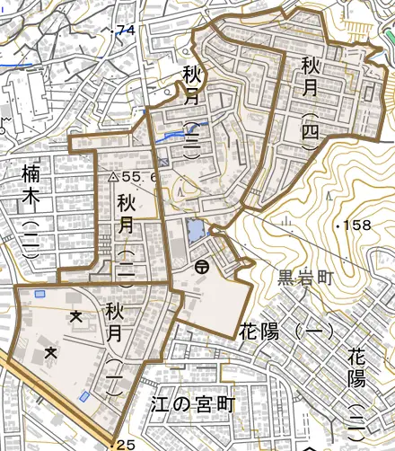 秋月とその周辺の地図。町の範囲を重ねている