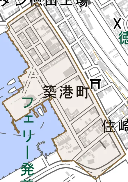 築港町とその周辺の地図。町の範囲を重ねている