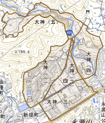 大神とその周辺の地図。町の範囲を重ねている