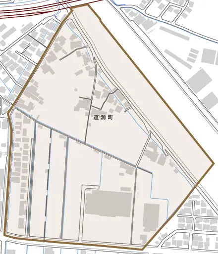 道源町とその周辺の地図。町の範囲を重ねている