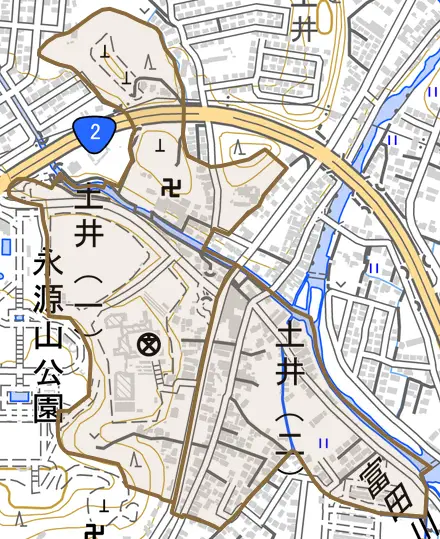 土井とその周辺の地図。町の範囲を重ねている