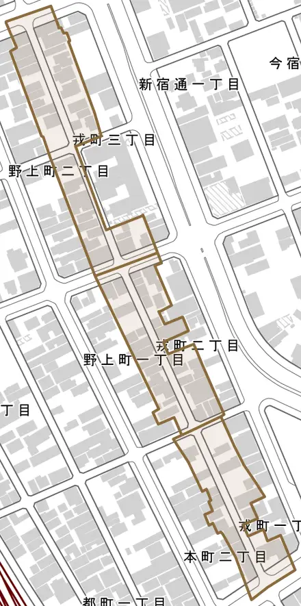 戎町とその周辺の地図。町の範囲を重ねている