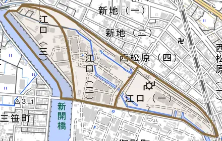 江口とその周辺の地図。町の範囲を重ねている