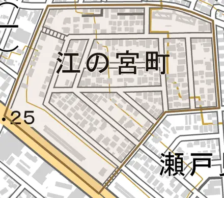 江の宮町とその周辺の地図。町の範囲を重ねている