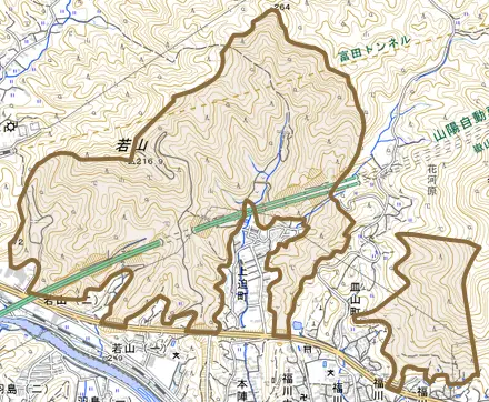 大字福川とその周辺の地図。町の範囲を重ねている