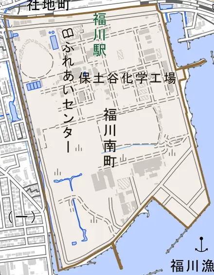 福川南町とその周辺の地図。町の範囲を重ねている