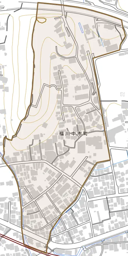 福川中市町とその周辺の地図。町の範囲を重ねている