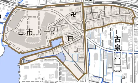 古市とその周辺の地図。町の範囲を重ねている