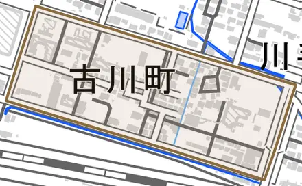 古川町とその周辺の地図。町の範囲を重ねている