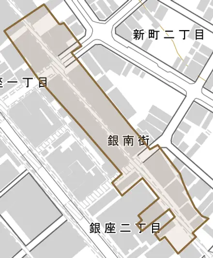 銀南街とその周辺の地図。町の範囲を重ねている