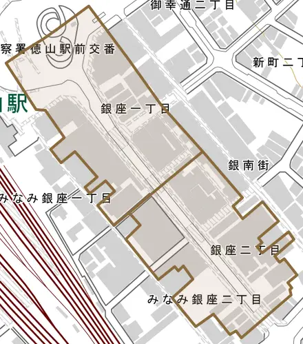 銀座とその周辺の地図。町の範囲を重ねている
