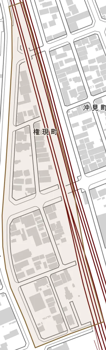 権現町とその周辺の地図。町の範囲を重ねている