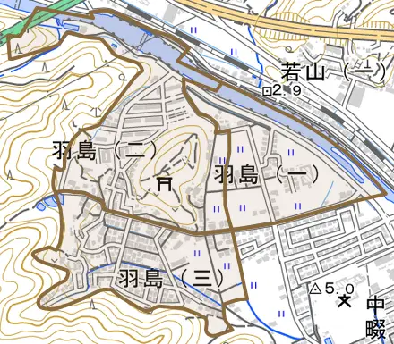 羽島とその周辺の地図。町の範囲を重ねている